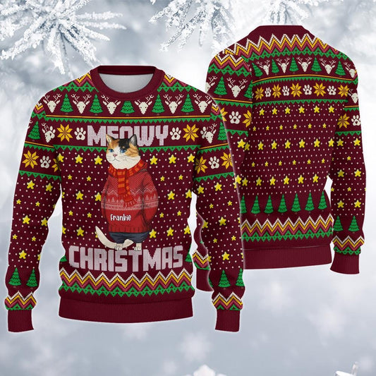 Personalized Funny Cat Ugly Sweatshirt, Meowy Xmas Sweater, Funny Cat Lovers Gifts, Holiday Sweatshirt, Christmas Gift, Funny Xmas Gift