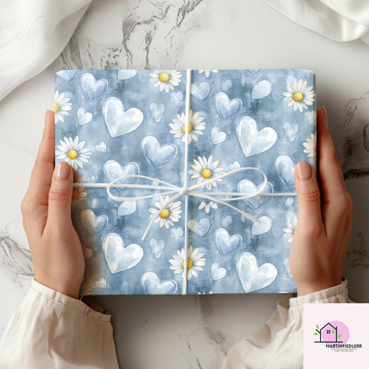 Blue Heart Daisy Wrapping Paper: Plant-Based Cotton Paper, Romantic Watercolor Style, Wedding Anniversary Gift Wrapping Paper
