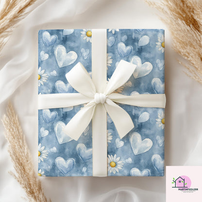 Blue Heart Daisy Wrapping Paper: Plant-Based Cotton Paper, Romantic Watercolor Style, Wedding Anniversary Gift Wrapping Paper