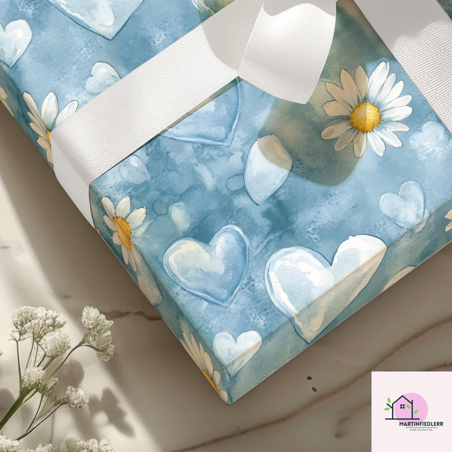 Blue Heart Daisy Wrapping Paper: Plant-Based Cotton Paper, Romantic Watercolor Style, Wedding Anniversary Gift Wrapping Paper