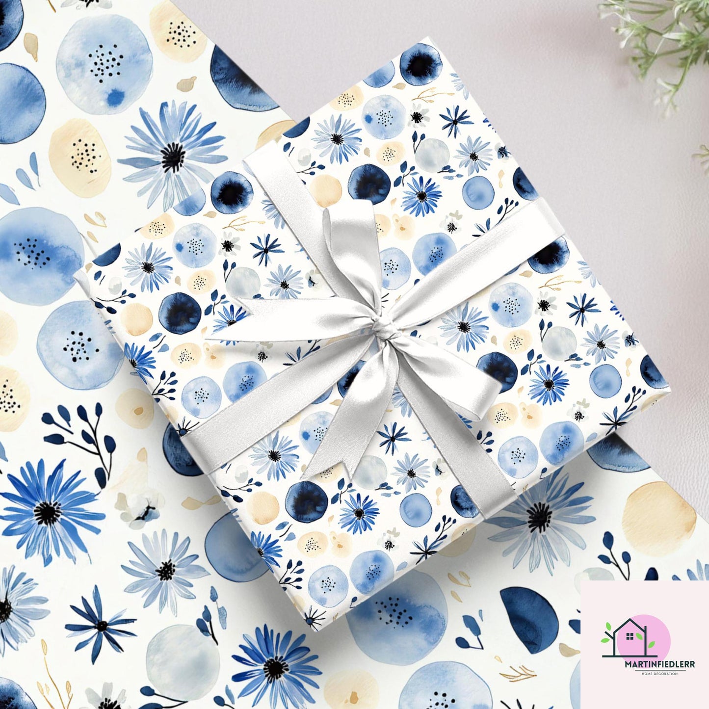 Blue Blossom Watercolor Wrapping Paper: Modern Floral Recycled Paper