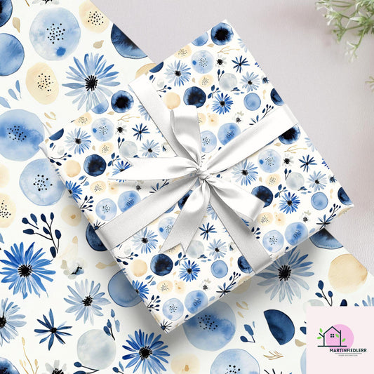 Blue Blossom Watercolor Wrapping Paper: Modern Floral Recycled Paper