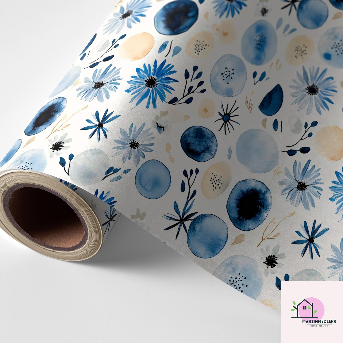 Blue Blossom Watercolor Wrapping Paper: Modern Floral Recycled Paper
