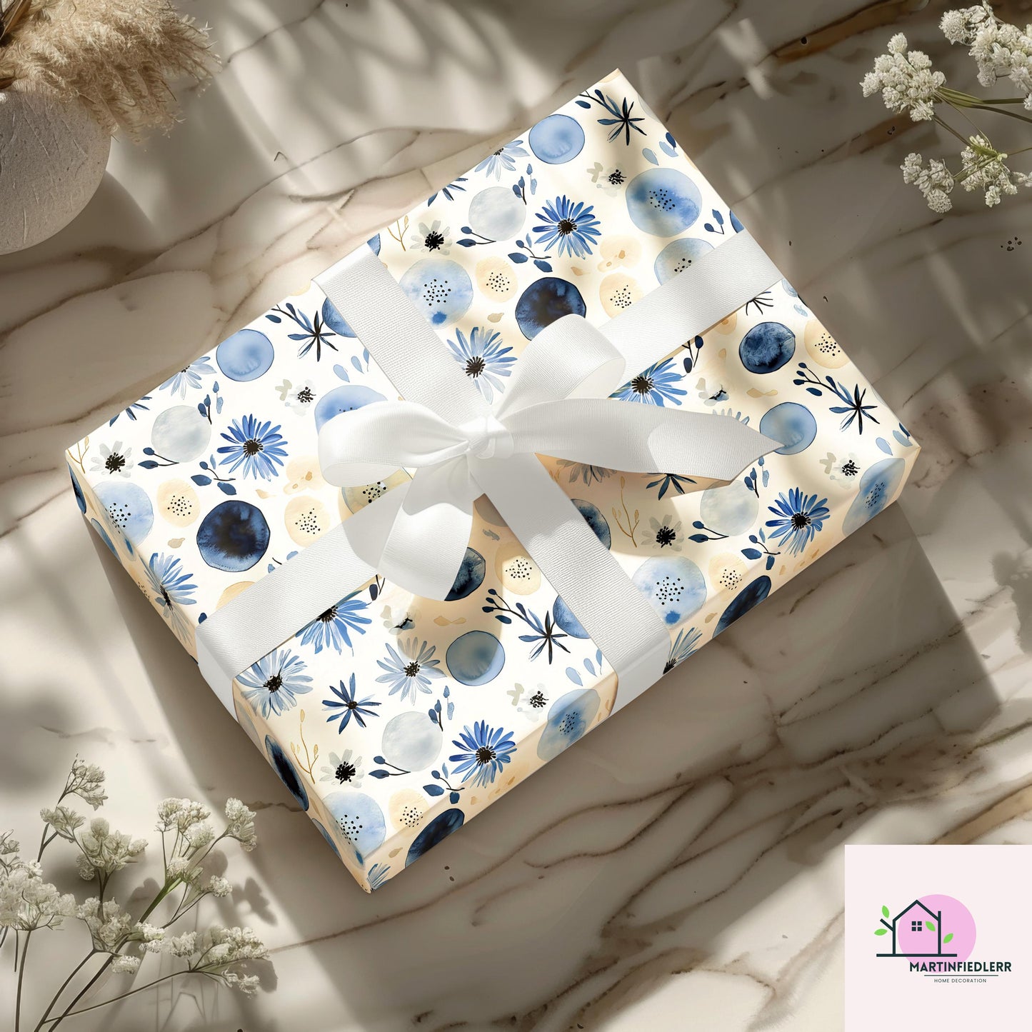 Blue Blossom Watercolor Wrapping Paper: Modern Floral Recycled Paper