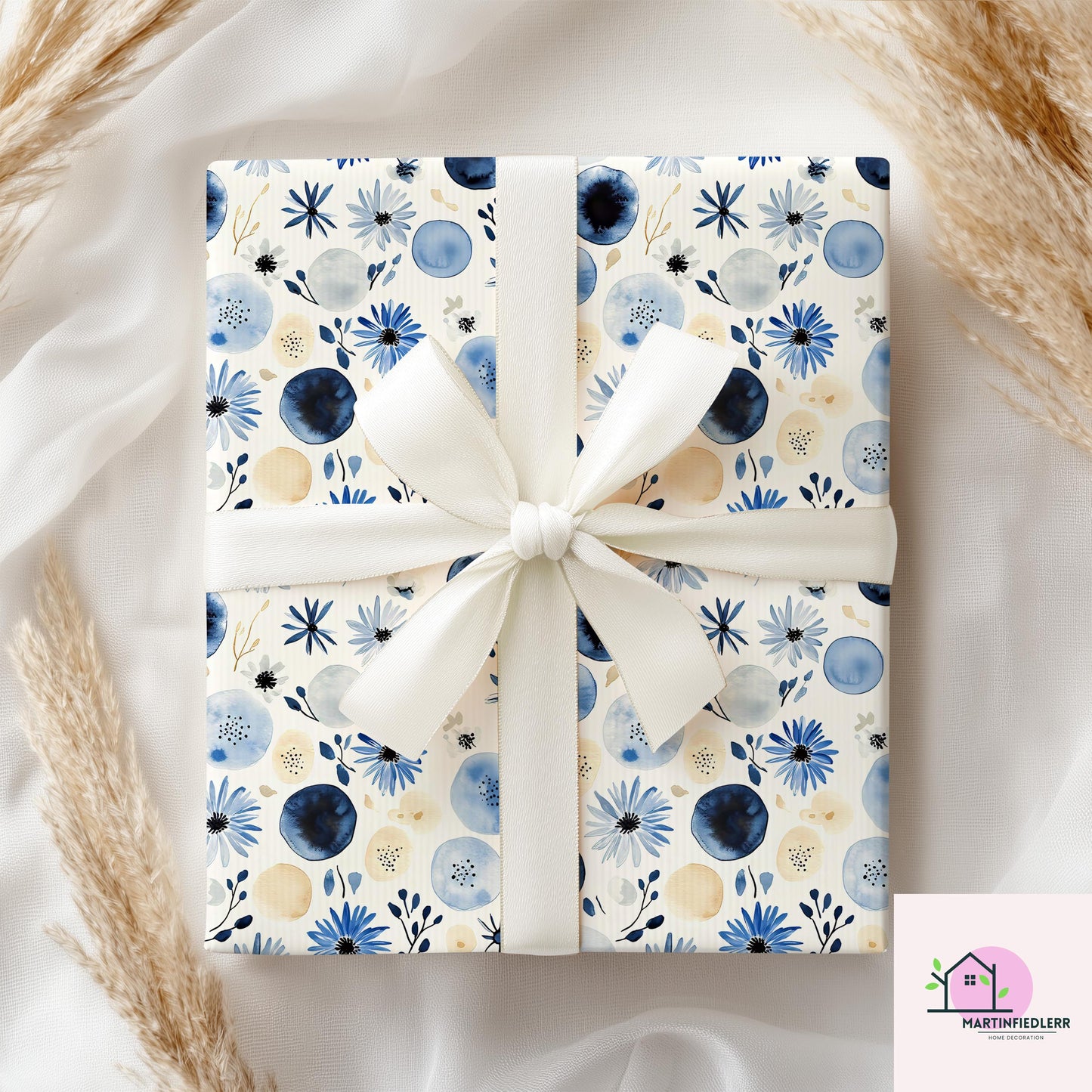 Blue Blossom Watercolor Wrapping Paper: Modern Floral Recycled Paper