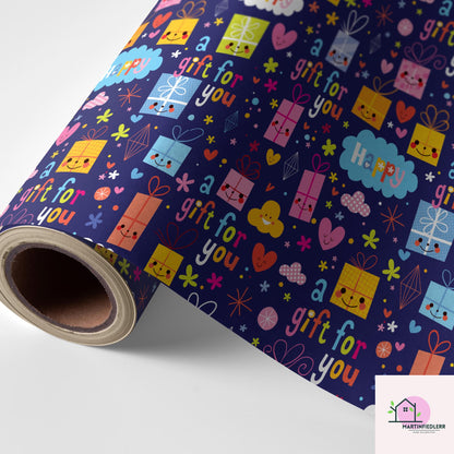 Recycled Matte Gift Wrapping Paper: Fun Cartoon Presents, Kids Birthday