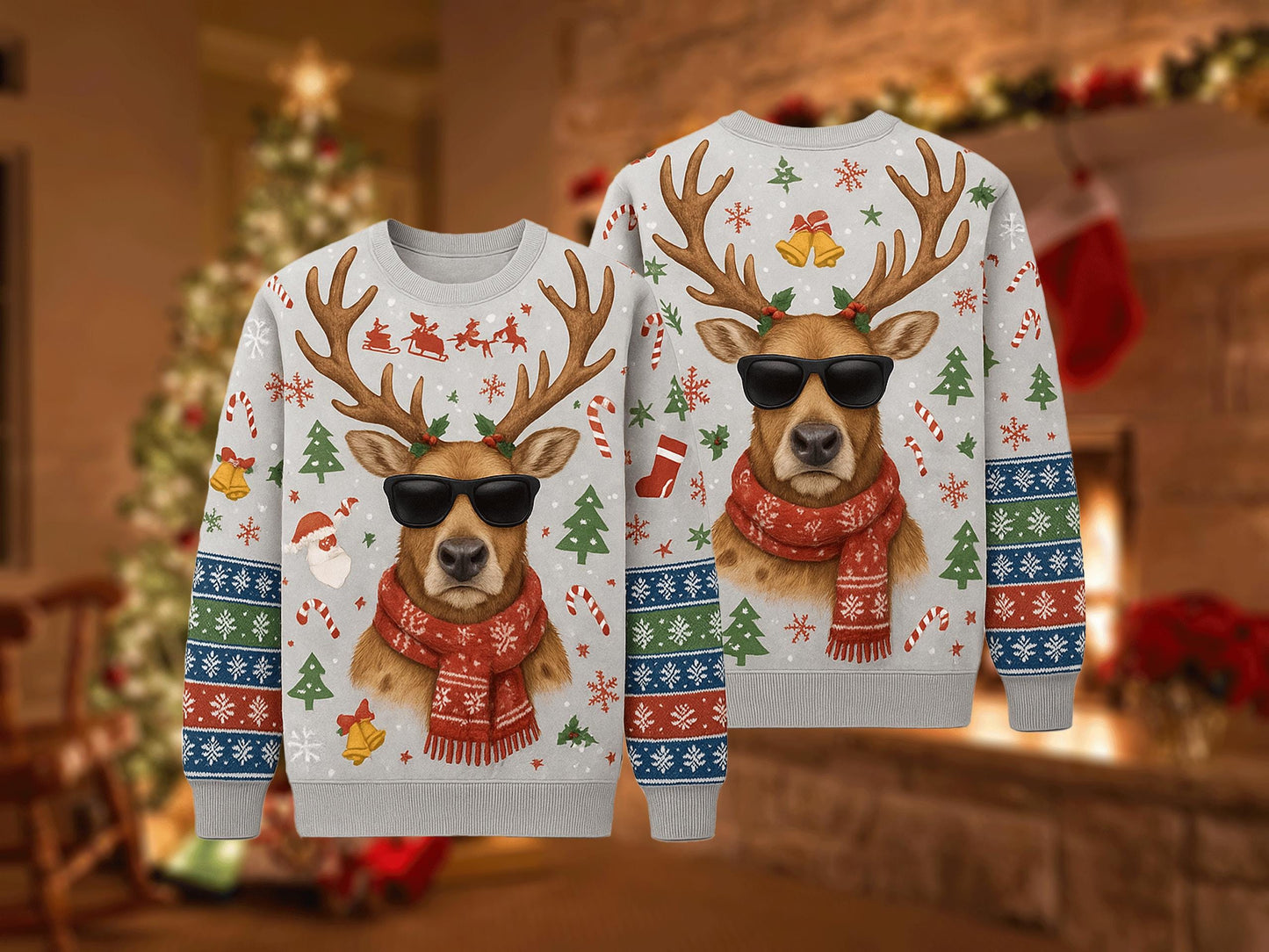 Ugly Christmas Sweater Reindeer Cool, Funny Sunglasses Xmas Sweatshirt, Holiday Party Outfit, Novelty Winter Gift Pullover