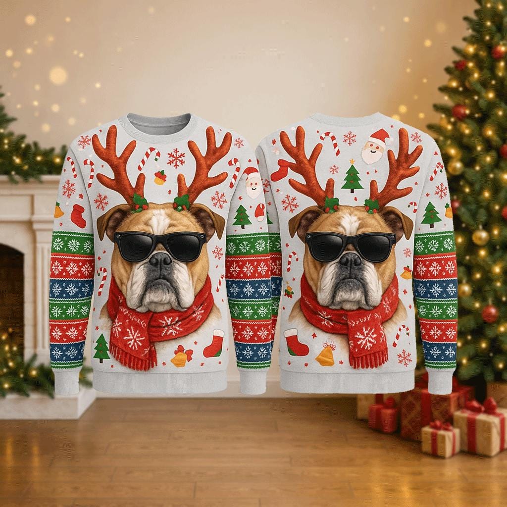 Ugly Christmas Sweater Bulldog, Funny Dog Reindeer Xmas Sweatshirt, Holiday Party Outfit, Cool Pet Lover Winter Gift Pullover
