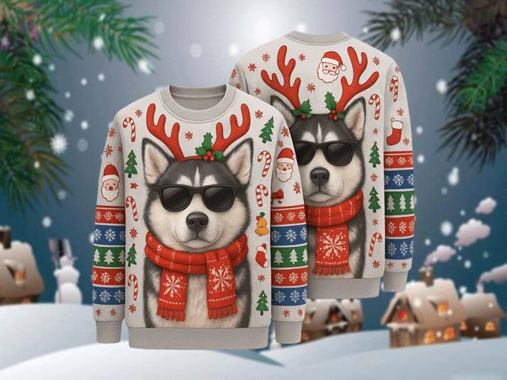 Ugly Christmas Sweater Husky Dog, Funny Reindeer Xmas Sweatshirt, Holiday Party Outfit, Cool Pet Lover Winter Gift Pullover
