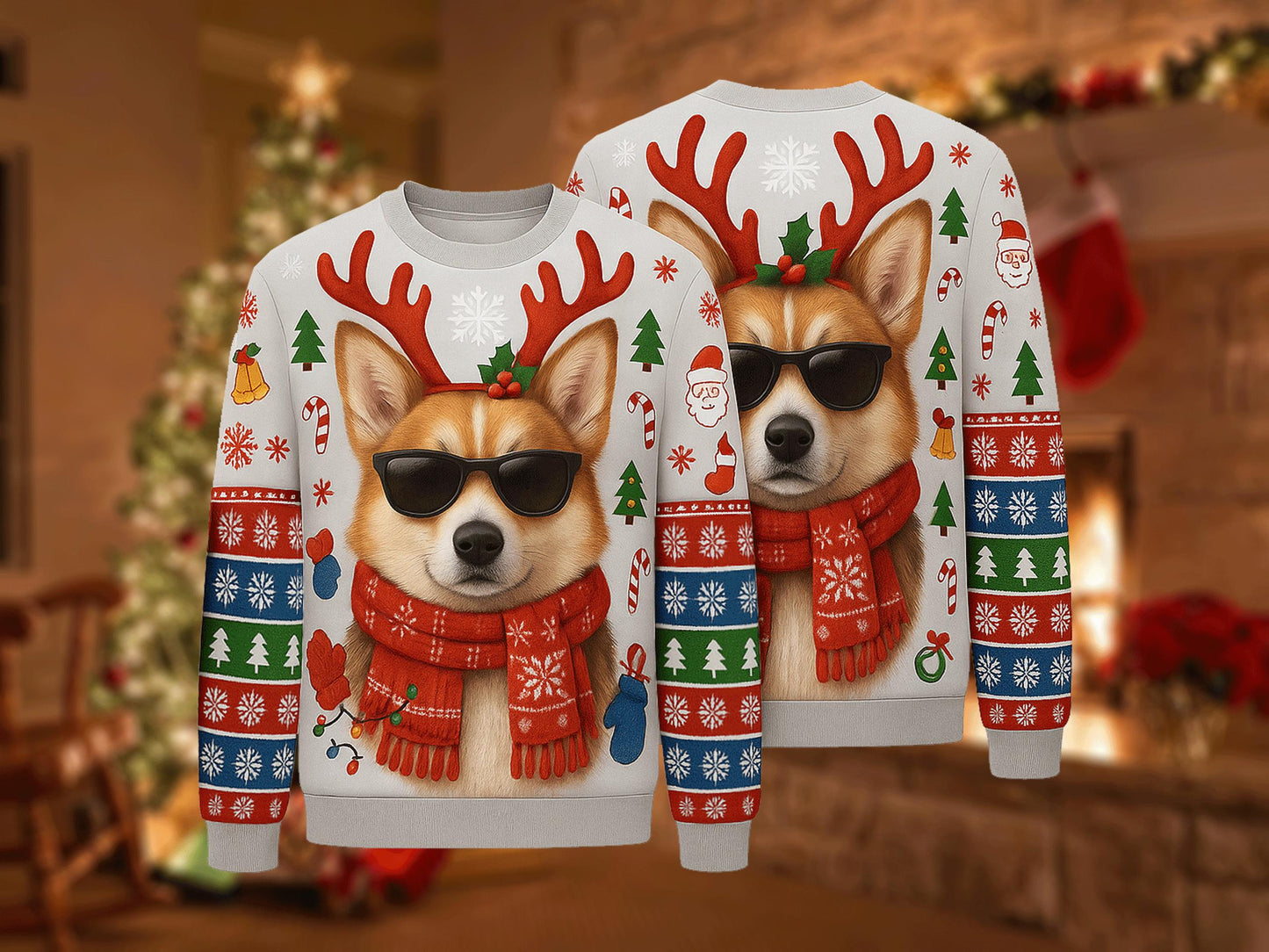 Ugly Christmas Sweater Corgi Dog, Funny Reindeer Xmas Sweatshirt, Holiday Party Outfit, Cool Pet Lover Winter Gift Pullover