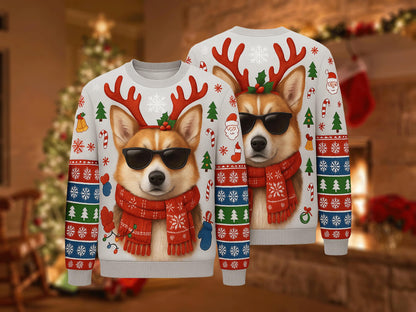 Ugly Christmas Sweater Corgi Dog, Funny Reindeer Xmas Sweatshirt, Holiday Party Outfit, Cool Pet Lover Winter Gift Pullover