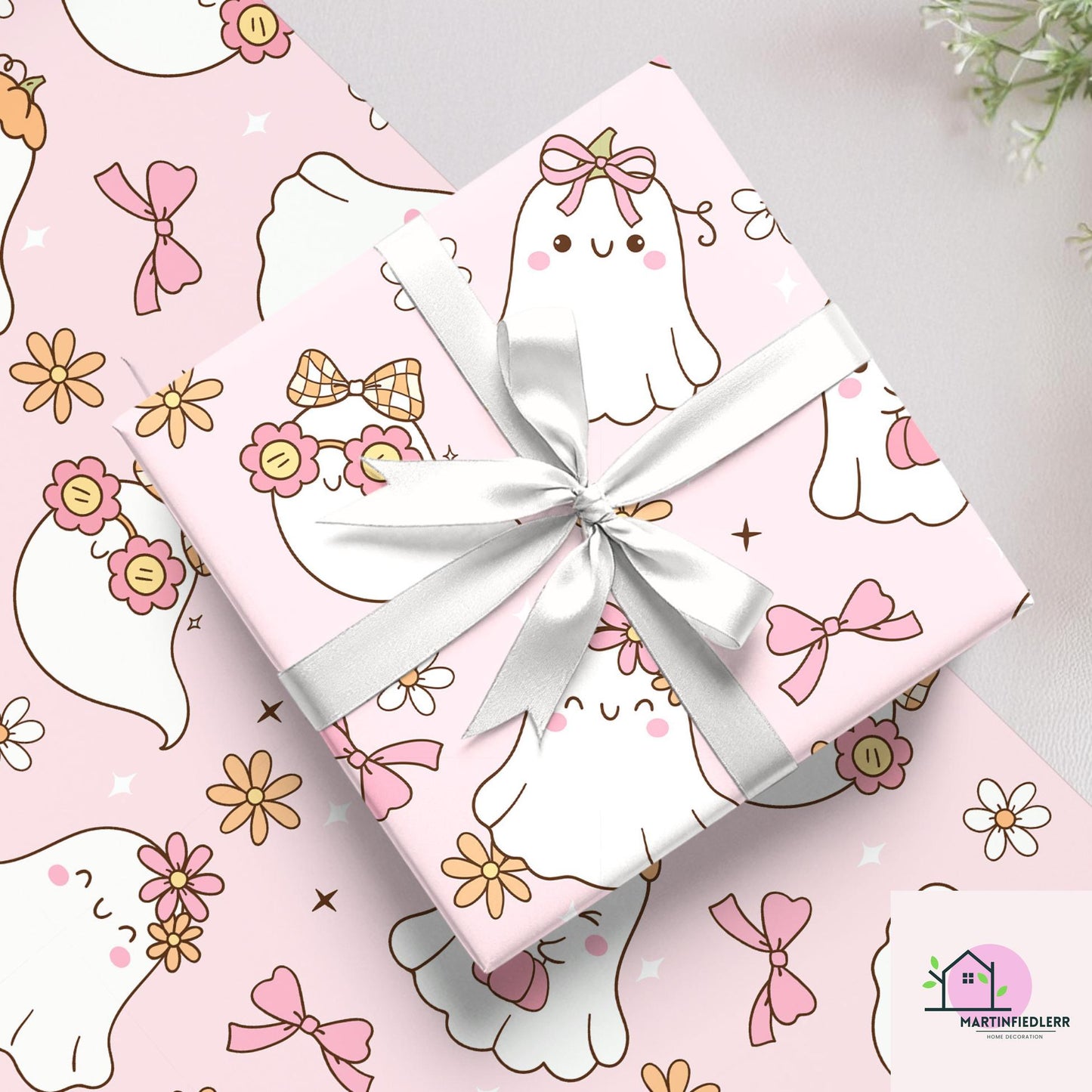 Girly Ghost Halloween Wrapping Paper: Pastel Kids Party Style