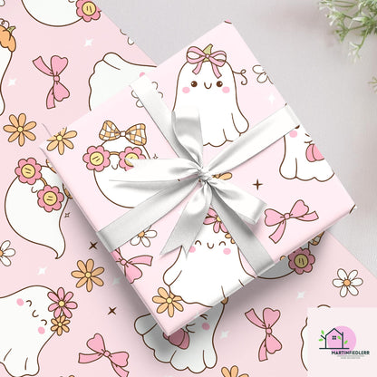 Girly Ghost Halloween Wrapping Paper: Pastel Kids Party Style