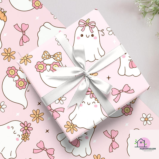 Girly Ghost Halloween Wrapping Paper: Pastel Kids Party Style