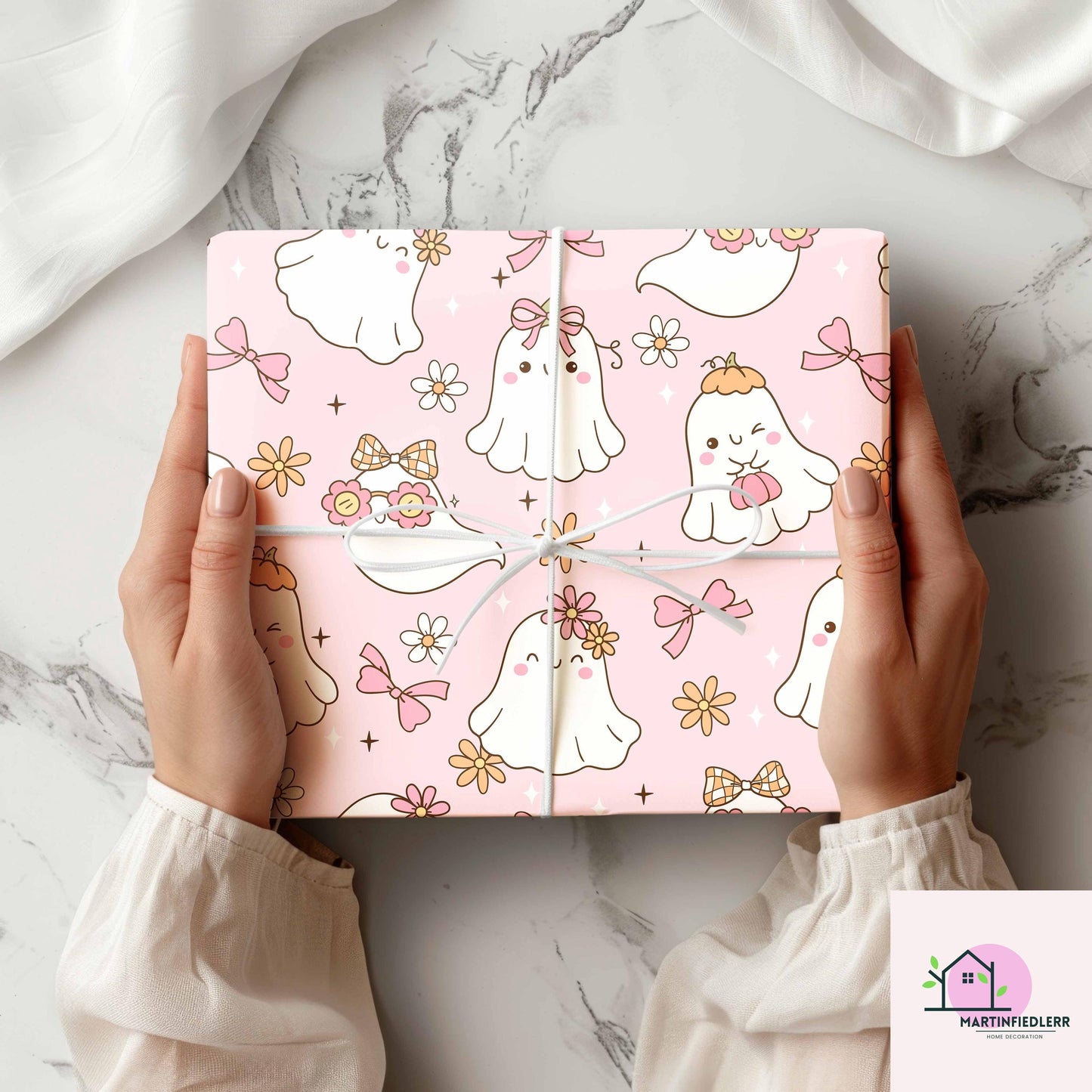 Girly Ghost Halloween Wrapping Paper: Pastel Kids Party Style