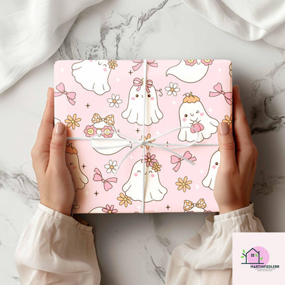 Girly Ghost Halloween Wrapping Paper: Pastel Kids Party Style