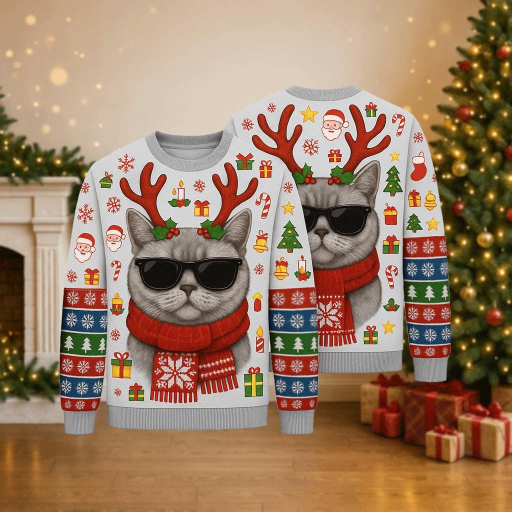 Ugly Christmas Sweater Cat, Funny Cool Reindeer Kitty Xmas Sweatshirt, Holiday Party Outfit, Pet Lover Winter Gift Pullover