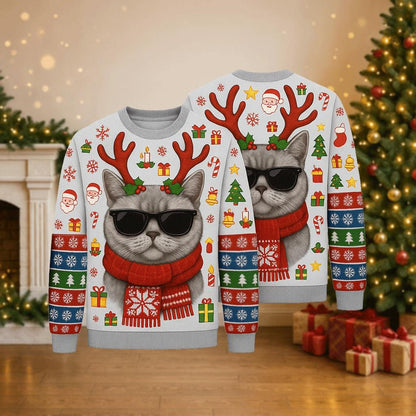 Ugly Christmas Sweater Cat, Funny Cool Reindeer Kitty Xmas Sweatshirt, Holiday Party Outfit, Pet Lover Winter Gift Pullover