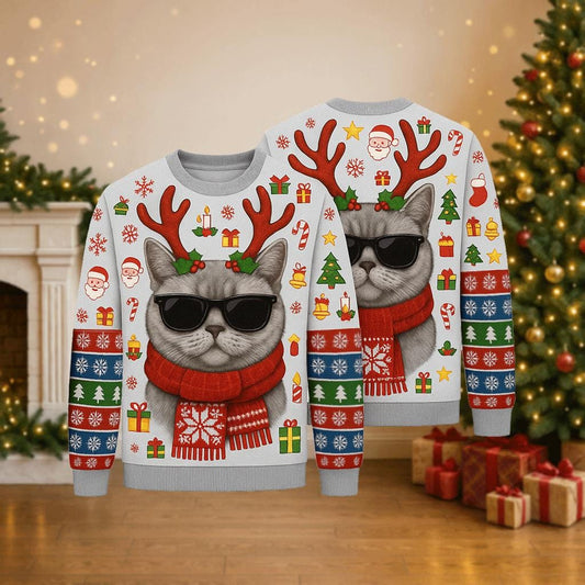 Ugly Christmas Sweater Cat, Funny Cool Reindeer Kitty Xmas Sweatshirt, Holiday Party Outfit, Pet Lover Winter Gift Pullover
