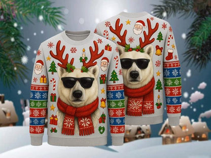 Ugly Christmas Sweater Polar Bear, Funny Reindeer Xmas Sweatshirt, Holiday Party Outfit, Cool Animal Winter Gift Pullover