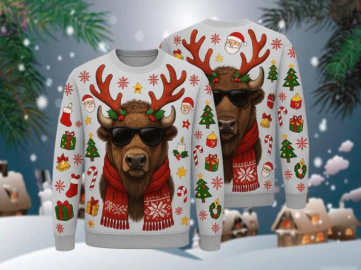 Ugly Christmas Sweater Bison, Funny Buffalo Reindeer Xmas Sweatshirt, Holiday Party Outfit, Cool Animal Winter Gift Pullover