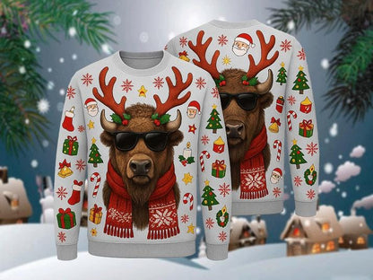 Ugly Christmas Sweater Bison, Funny Buffalo Reindeer Xmas Sweatshirt, Holiday Party Outfit, Cool Animal Winter Gift Pullover