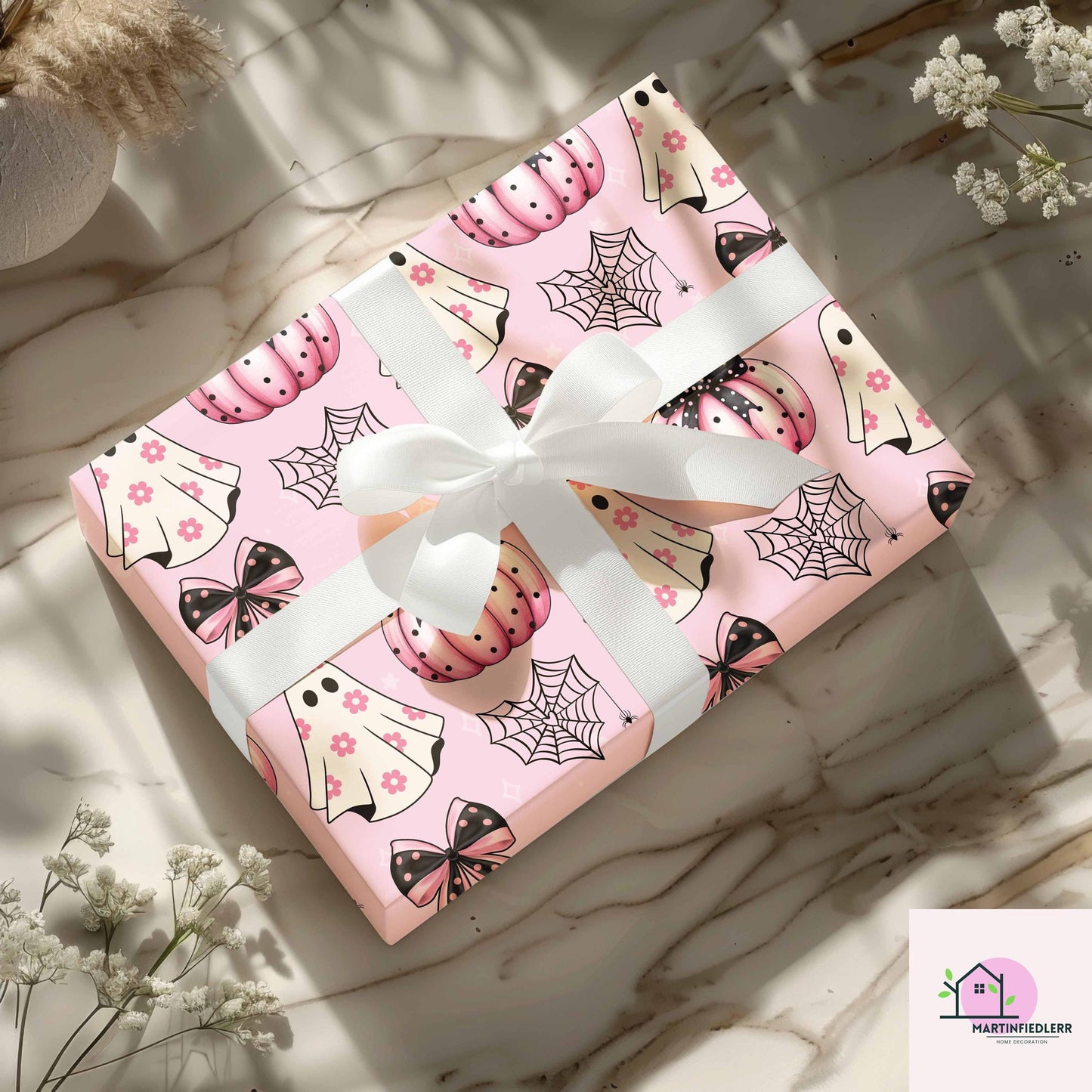 Pink Pumpkin Ghost Halloween Wrapping Paper: Pastel Kids Party, Recycled