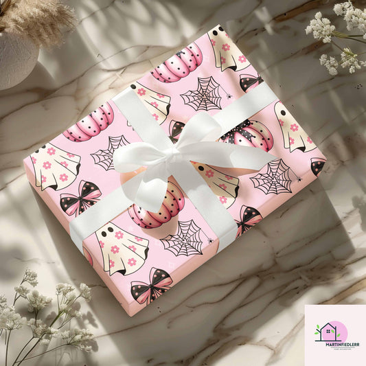 Pink Pumpkin Ghost Halloween Wrapping Paper: Pastel Kids Party, Recycled