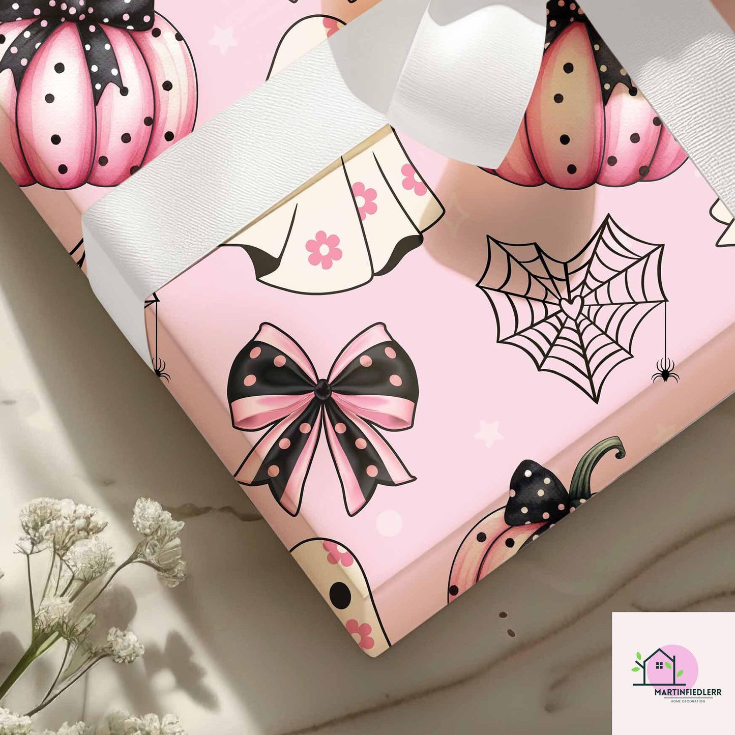 Pink Pumpkin Ghost Halloween Wrapping Paper: Pastel Kids Party, Recycled