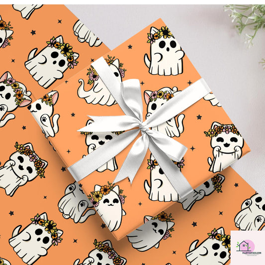 Cat Ghost Wrapping Paper: Compostable Fiber Paper, Cute Floral Halloween Style, Kids Party Wrapping Paper