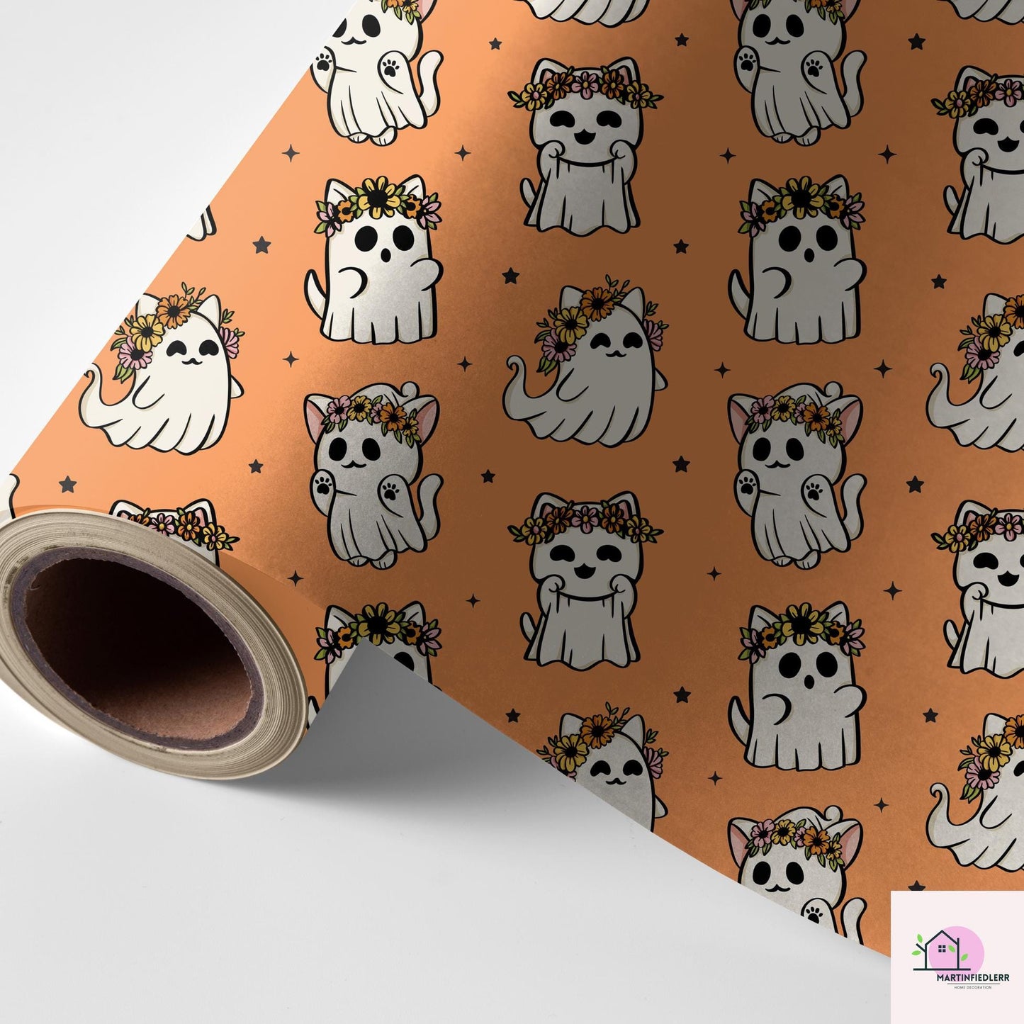 Cat Ghost Wrapping Paper: Compostable Fiber Paper, Cute Floral Halloween Style, Kids Party Wrapping Paper