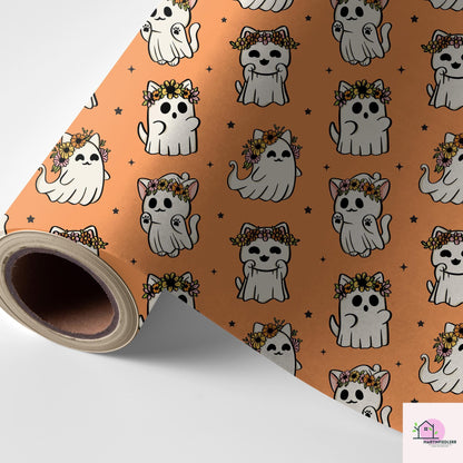 Cat Ghost Wrapping Paper: Compostable Fiber Paper, Cute Floral Halloween Style, Kids Party Wrapping Paper