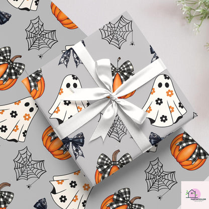 Pumpkin Ghost Halloween Wrapping Paper: Recycled Gingham Print
