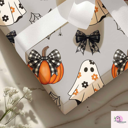Pumpkin Ghost Halloween Wrapping Paper: Recycled Gingham Print