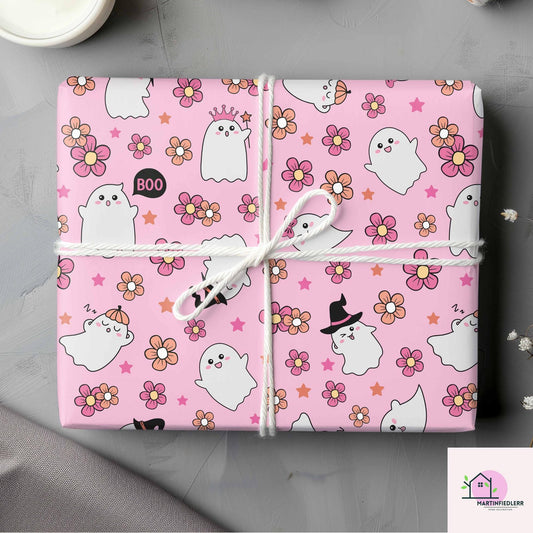 Floral Ghost Halloween Wrapping Paper: Pastel Kids Party Decor