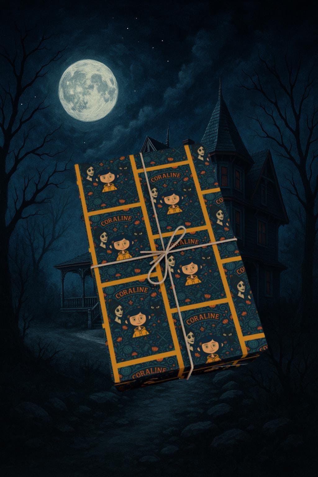 Wrapping Paper, Coraline Movie Wuss Puss Cat and Other Mother Gift Wrap with Buttons