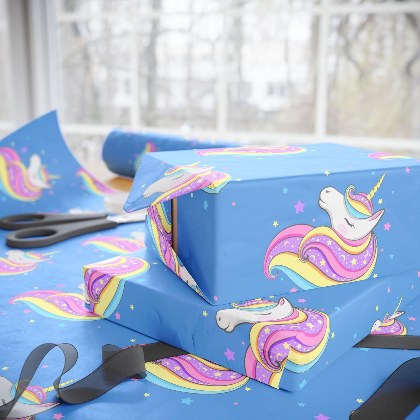Magical Unicorn Gift Wrap: Blue Kids Wrapping Paper for Parties