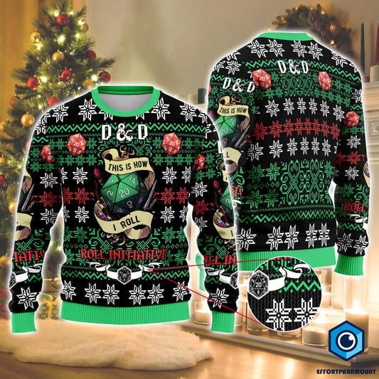 Dungeons & Dragons Seven Dice A-Rolling Ugly Christmas Sweater, BG3 Ugly Christmas Sweater, Game Sweater