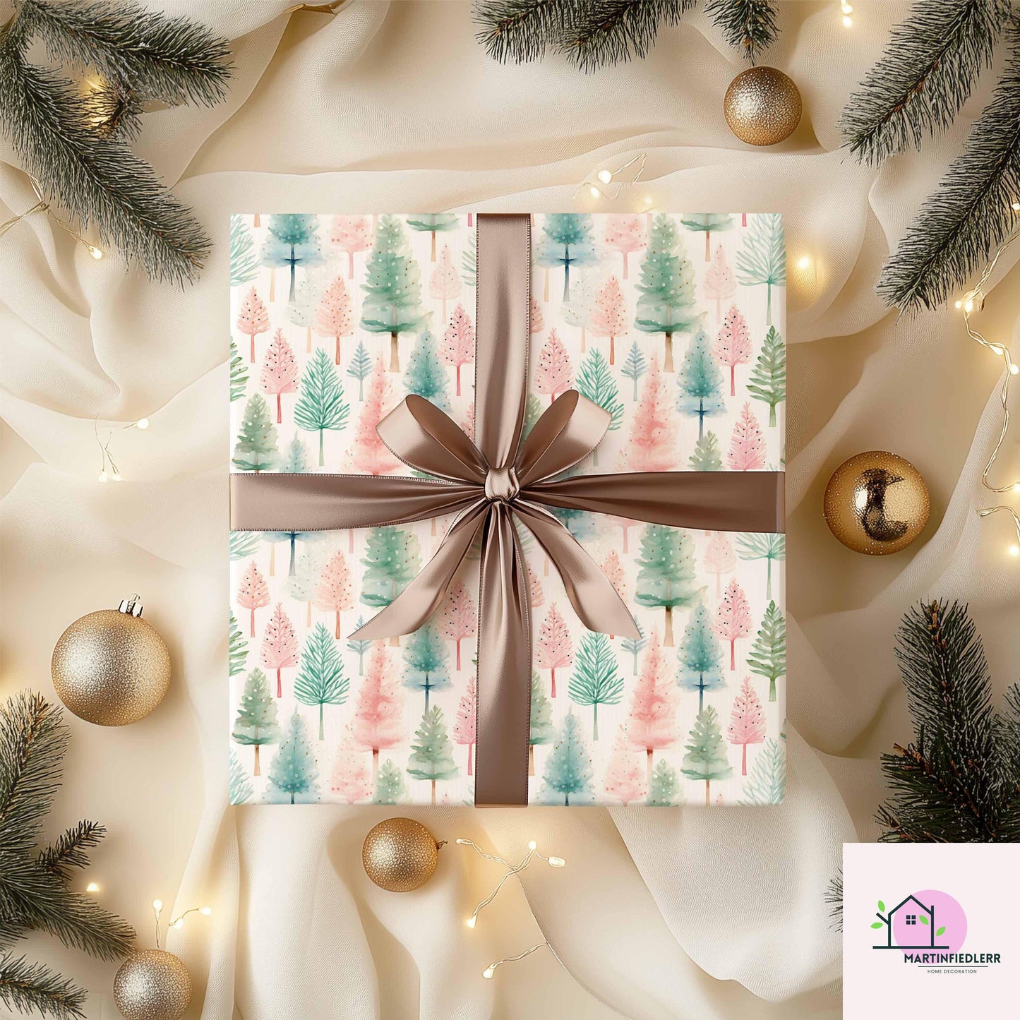 Watercolor Christmas Wrapping Paper: Recyclable Paper, Winter Holiday, Pastel Tree, Elegant Gift Wrap