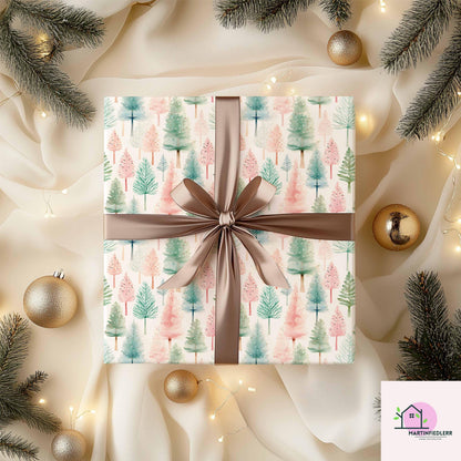 Watercolor Christmas Wrapping Paper: Recyclable Paper, Winter Holiday, Pastel Tree, Elegant Gift Wrap