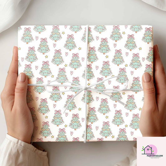Funny Christmas Tree Wrapping Paper, Recyclable Paper, Cute Heart Star Design, Winter Holiday Gift Wrap