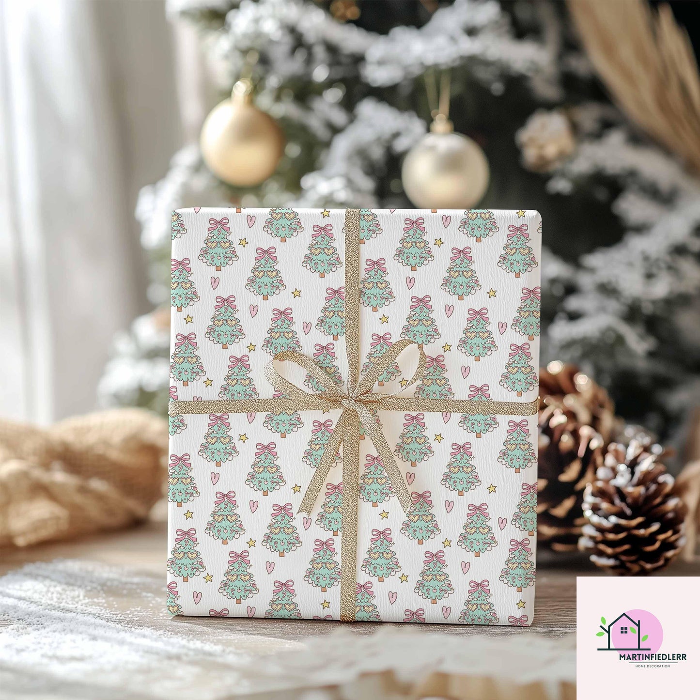 Funny Christmas Tree Wrapping Paper, Recyclable Paper, Cute Heart Star Design, Winter Holiday Gift Wrap