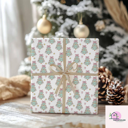Funny Christmas Tree Wrapping Paper, Recyclable Paper, Cute Heart Star Design, Winter Holiday Gift Wrap