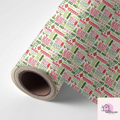 Christmas Typography Wrapping Paper: Red & Green Holiday Word Art