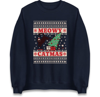 Meowy Catmas Ugly Christmas Jumper with Black Cat Tree Design, Funny Xmas Cat Hoodie, Holiday Cat Lover T Shirt, Kitty Gift Top