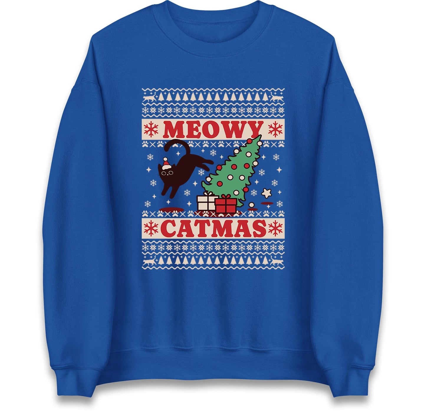 Meowy Catmas Ugly Christmas Jumper with Black Cat Tree Design, Funny Xmas Cat Hoodie, Holiday Cat Lover T Shirt, Kitty Gift Top