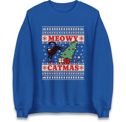 Meowy Catmas Ugly Christmas Jumper with Black Cat Tree Design, Funny Xmas Cat Hoodie, Holiday Cat Lover T Shirt, Kitty Gift Top