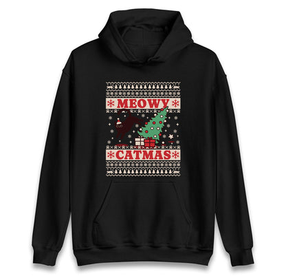Meowy Catmas Ugly Christmas Jumper with Black Cat Tree Design, Funny Xmas Cat Hoodie, Holiday Cat Lover T Shirt, Kitty Gift Top