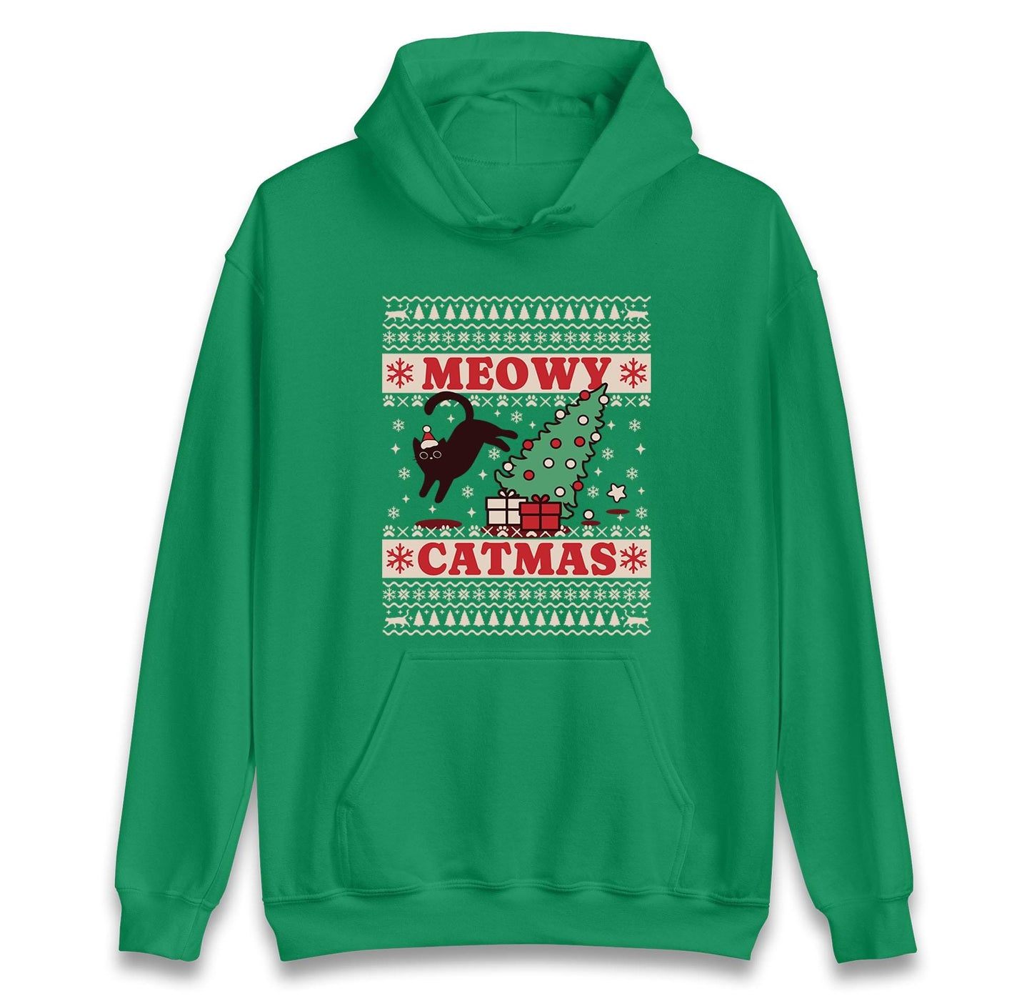 Meowy Catmas Ugly Christmas Jumper with Black Cat Tree Design, Funny Xmas Cat Hoodie, Holiday Cat Lover T Shirt, Kitty Gift Top