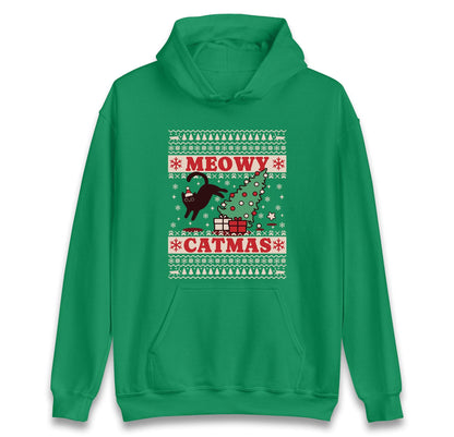 Meowy Catmas Ugly Christmas Jumper with Black Cat Tree Design, Funny Xmas Cat Hoodie, Holiday Cat Lover T Shirt, Kitty Gift Top